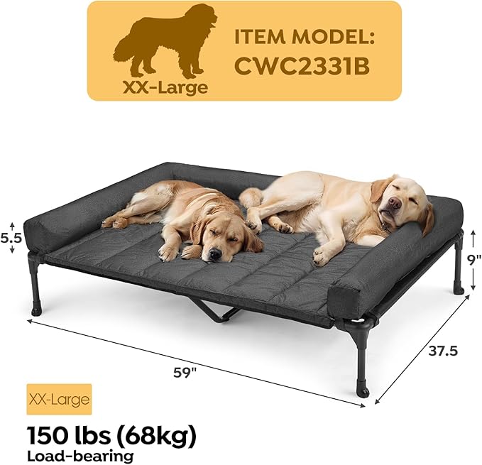 Veehoo Cooling Elevated Dog Bed Add Removable Waterproof Bolster Cushion Mat, Raised Pet Cot with Breathable Teslin Mesh, No-Slip Feet, Dog Sofa Bed for Indoor Outdoor, XXLarge, Black CWC2331B