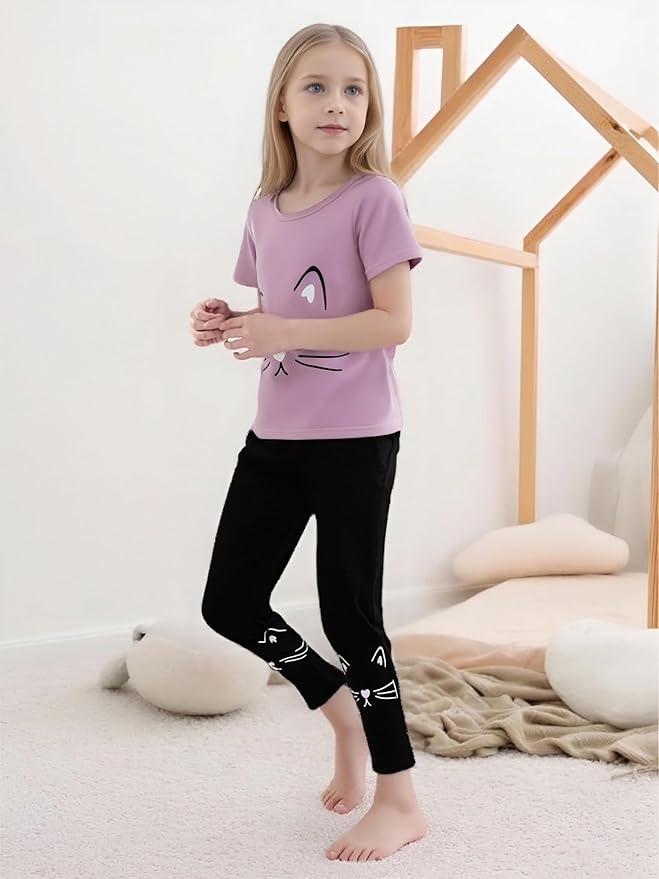 4-8T Toddler Girl Clothes Cat face print Short Sleeve Top+Pants Outfits Girl Spring and summer 2-Piece Set