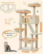 Taoqimiao Cat Tree 57.5-Inch, Cat Tower for Indoor Cats Large Adult, Extra Large Cat Condo, 8 Sisal Scratching Posts, Metal Frame Cozy Hammock, Durable Scratch Board, 2 Top Perches, Beige MS026M