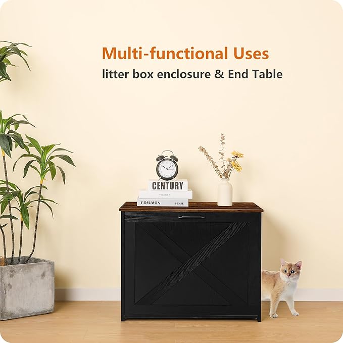 Dwanton Cat Litter Box Furniture Hidden, Cat Litter Box Enclosure, Reversible Entrance Can Be on Left or Right Side, Indoor Cabinet, Wooden Washroom, End Table, Black and Rustic Brown, 27.6" L