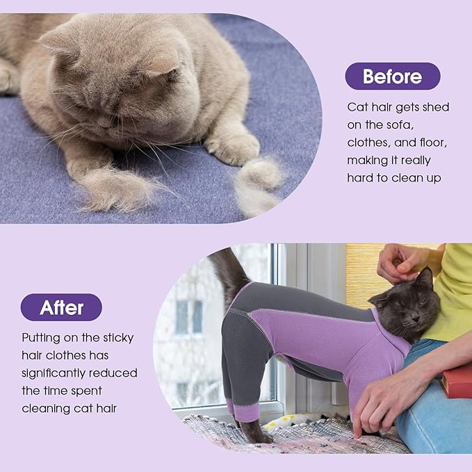 SUNFURA Hair Sticky Cat Clothes, Cat Sweater for Cats Only, 4-Legged Fleece Sweaters Kitten Pajamas Reduce Shedding Fur, Warm Pullover Shirts for Cats, Purple S