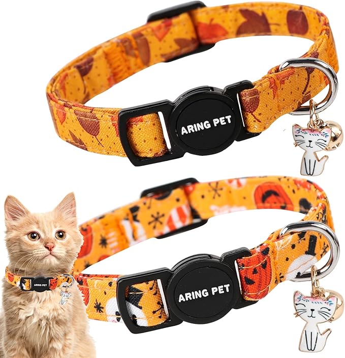 ARING PET 2 Pack Fall Cat Collars-Cute Breakaway Cat Collar with Bell & Pendant, Adjustable Fall&Halloween Kitten Collars with Safety Buckle for Girl and Boy Cats