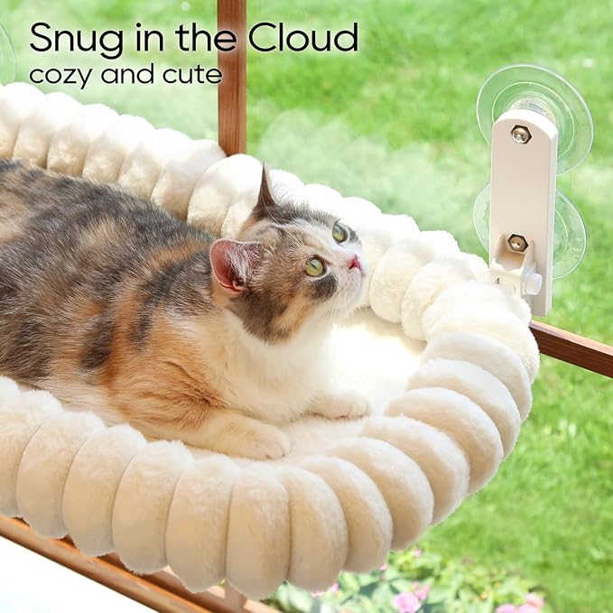Zakkart SnugCloud Foldable Cat Window Perch - Cordless, Ultra Soft Machine Washable Bed with 4-Sided Bolster, Metal Frame - Window Hammock for Large Cats and Kittens (Cream White, Large)