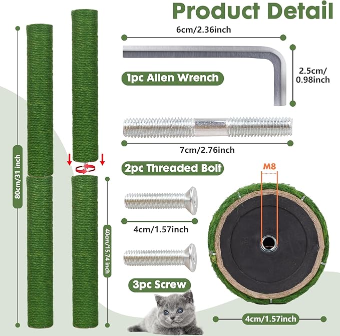 PowerKing Natural Sisal Replacement Scratching Post, 15.7'' 2 Pieces M8 Cat Scratch Post Refill Pole Parts for Refurbishment, Include Screws (Green)