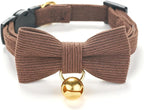 Soft Corduroy Cat Collar, Plaid Pattern, with Bell and Bowtie, Quick Release,Safety Breakaway Clasp, Adjustable for Kitten and Cats.(Black+Brown)