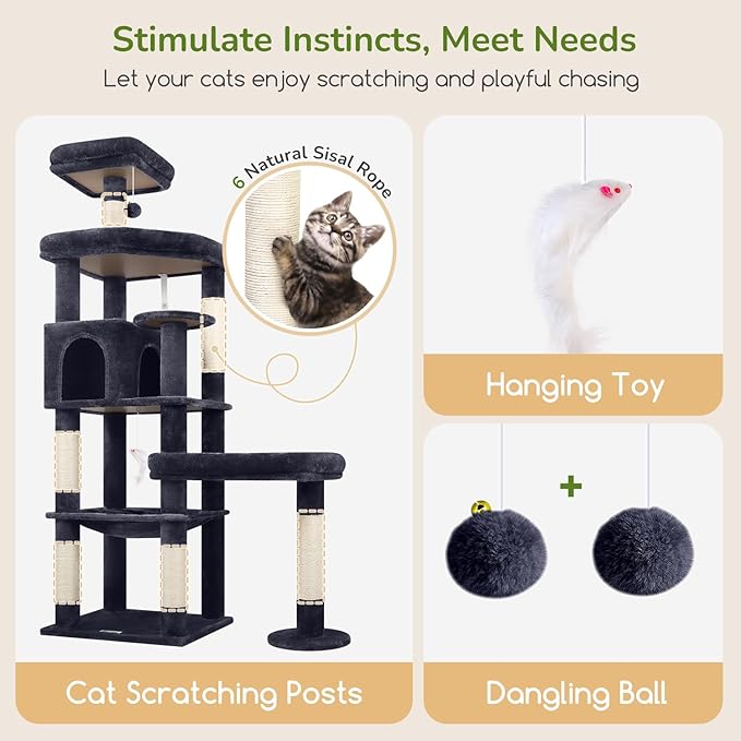 Globlazer Extra Large Platform Cat Tree, 65in Sturdy Cat Scratching Tree for Indoor Cats Large Adult, Big Cat Perch Tower with 3 Padded Perches, 6 Scratching Posts, Cat Condo, Hammock, S65, Dark Grey