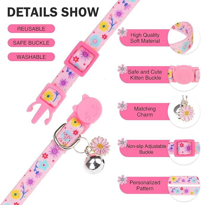 Breakaway Cat Collar with Bells, 3 Pack Summer Spring Cat Collar for Girl Boy Cats, Cute Pink Purple Yellow Flower Kitten Collars with Safety Buckle, Adjustable 8"-12" for Puppy Small Pets