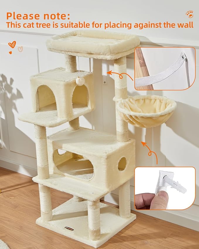 Taoqimiao Cat Tree,49-Inch Cat Tower for Indoor Cats,2 Luxurious cat condo with Adjustable Large Hanging Baskets and Large Luxurious Perch Beige MS029LM