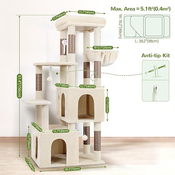 Globlazer Cat Tower for Indoor Cats, Heavy Duty Cat Trees for Large Cats Adult Big Cats Maine Coon Cat Tree Tower with Scratching Post, Extra Large Top Perch, Cat Condos, F61, Beige, 61inch