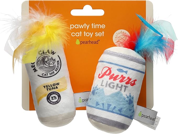 Pearhead Pet Crinkle, Feather, Catnip, and Teaser Pawty Time Cat Toy Set, Owner Playtime Accessory, Must Have Kitten Accessories