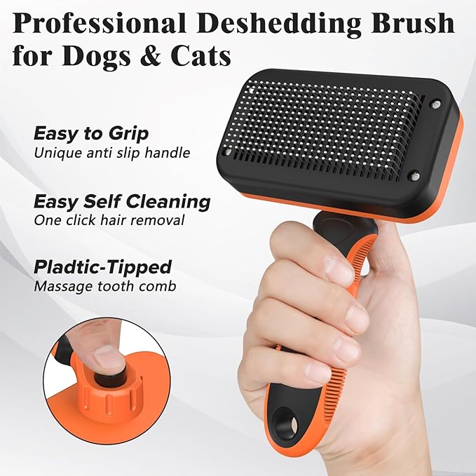 2PCS Self Cleaning Slicker Brush & Dog Comb - Skin Friendly Deshedding Grooming Tool for Dogs, Cats and Small Animals, Professional Deshedding Dematting Tool for Long and Short Haired Pets (Orange)