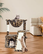 SYANDLVY Leopard Print Cat Tree for Indoor Cats, Small Cat Tower with Scratching Post & Board, Modern Activity House Condo with Cradle, Hanging Ball for Play, Kittens Cave