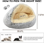 ShinHye Round Plush Fluffy Hooded Cat Bed Cave, Cozy for Indoor Cats or Small Dogs, Waterproof Bottom, Washable（35 in）