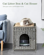 Cat Litter Enclosure with Hidden Litter Mat and Rattan Cat House, Supports Two Litter Boxes, Ideal for Living Room or Bedroom (Gray)
