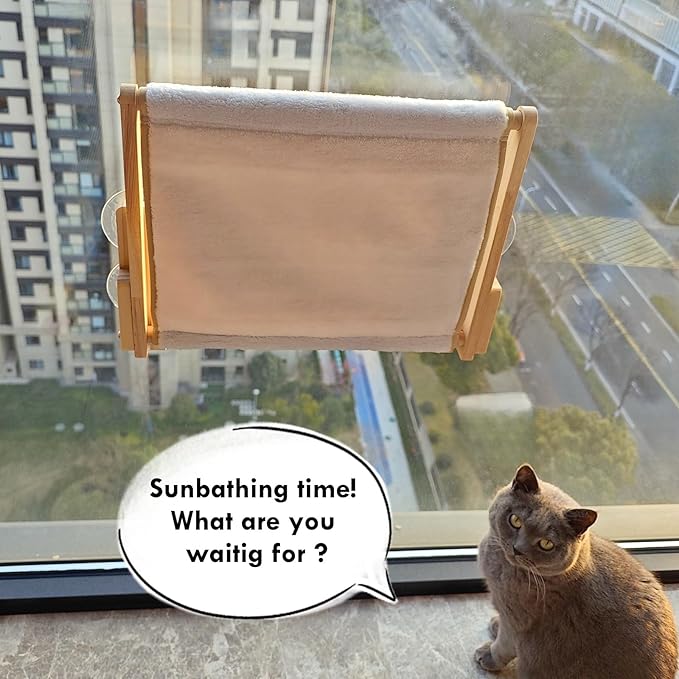 Foldable Cat Window Perch, Natural Wood, 16.5''×12'' Hammock, 35 lbs Weight Limit, Cat Window Hammock for Small Size Windows