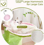 Flower Cat Tree 34 Scratching Post Small Cat Tower for Large Cats, with 15.7”Large Hammock, Removable Top Bed and Wide Condo for Indoor Cats-Pink and Green
