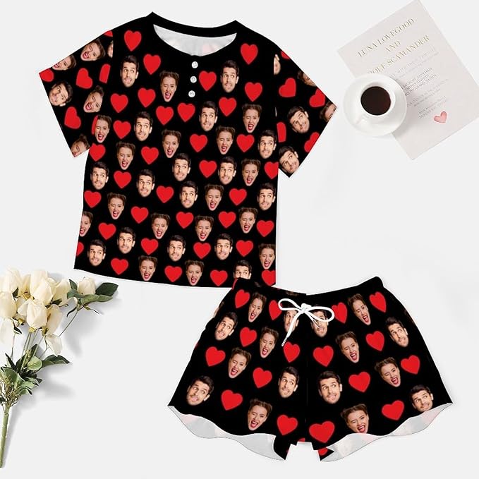 D-Story Custom Short Pajama Set with Pet Face Personalized Photo Sleepwear 2 Pieces Pjs Nightwear Xmas Gift for Women
