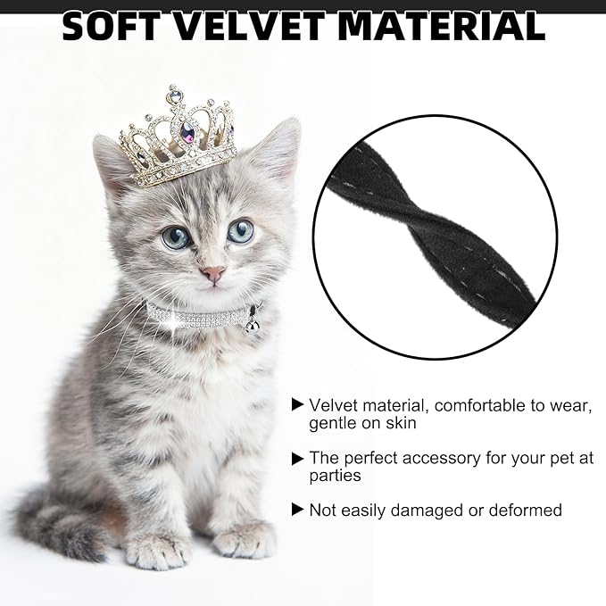 EXPAWLORER Soft Velvet Safe Cat Collars for Girl Cats -2 Pack Rhinestones Bling Diamante Adjustable Collars Breakaway- Chirstmas Cat Clollar Gifts with Bells for Boy Cats Kitty and Small Dogs