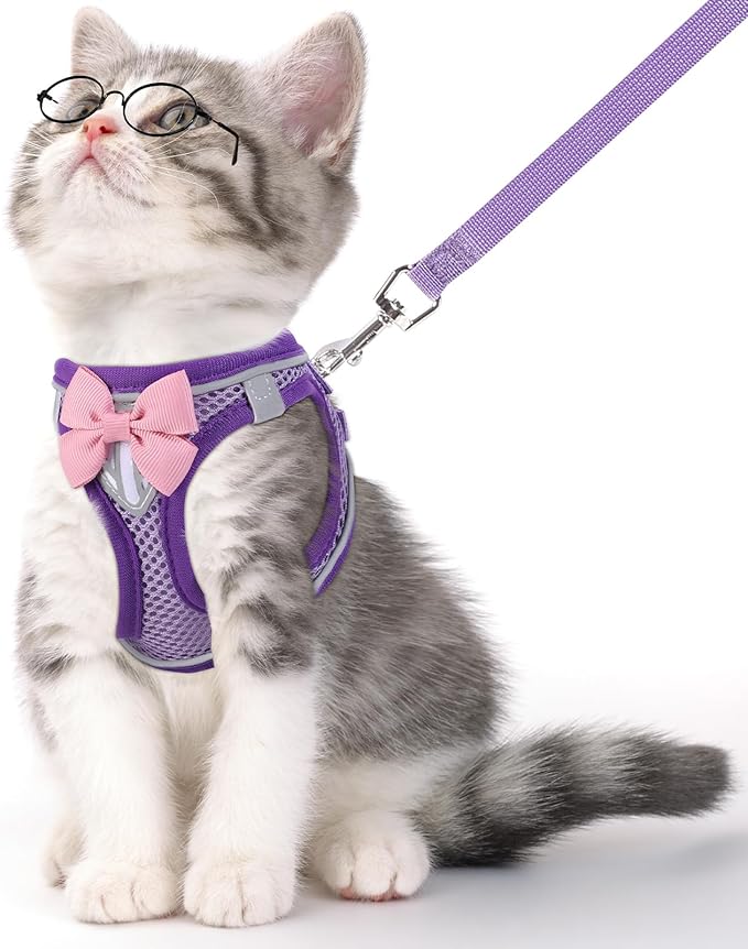 Cat Vest Harness and Leash Set for Walking Escape Proof, Adjustable Kitten Harness Breathable Mesh with Reflective Strips Harness for Kitty Puppy Bunny (Purple, S)