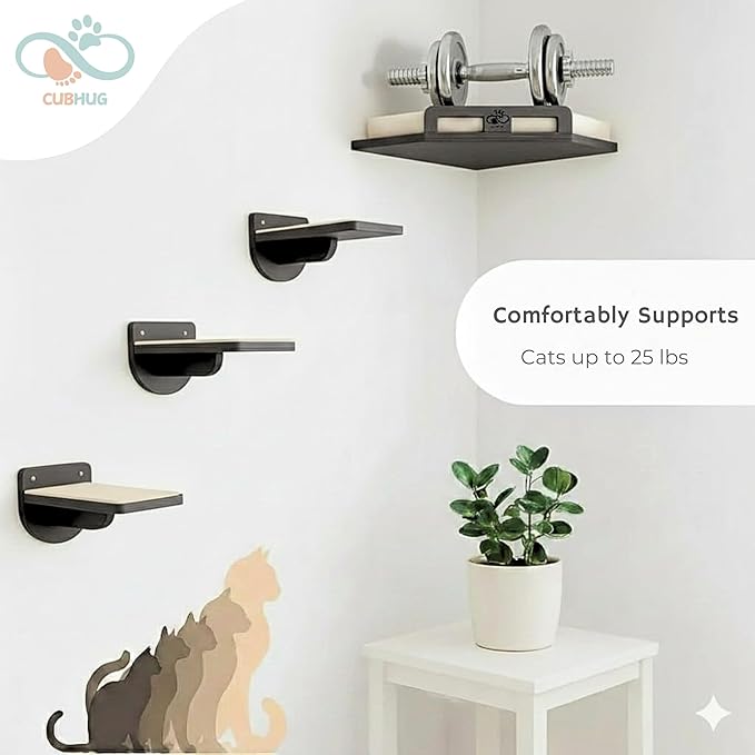 Cat Wall Shelves for Cats & Kitten – Solid Wood Cozy Corner Bed + Cushion with 2 Washable Covers + 3 Wooden Steps, Safe Haven for Indoor Cats, Cat Shelves for Wall, Black