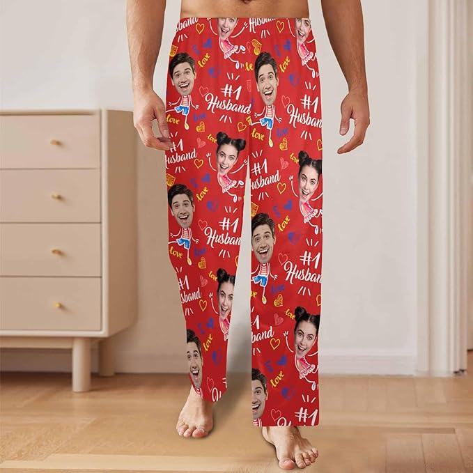 Artsadd Personalized Christmas Pajama Pants Socks for Men Custom Photo Pajama Bottoms for Men S-XXL