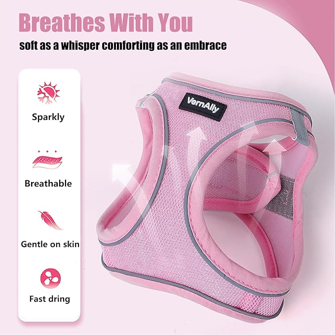 Sparkly Dog Harness Small Sized and Leash Set for Small Dogs Cats,Pink S Puppy Harness, Step in Soft Dog Reflective Vest, Breathable Mesh Pet Harness. (Pink, M)