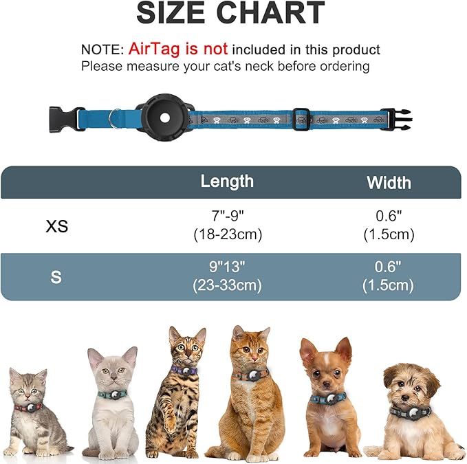 Reflective AirTag Cat Collar, Integrated Cat Tracker Collar with Air Tag Holder and Bell, Safety Elastic Band Cat GPS Collars for Girl Boy Cats, Kittens and Puppies (Blue, XS)
