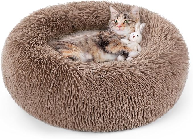 rabbitgoo Cat Beds for Indoor, 20 inches Machine Washable, Fluffy Round Pet Bed Non-Slip, Calming Soft Plush Donut Cuddler Cushion Self Warming for Small Dogs Kittens, Light Brown, Medium