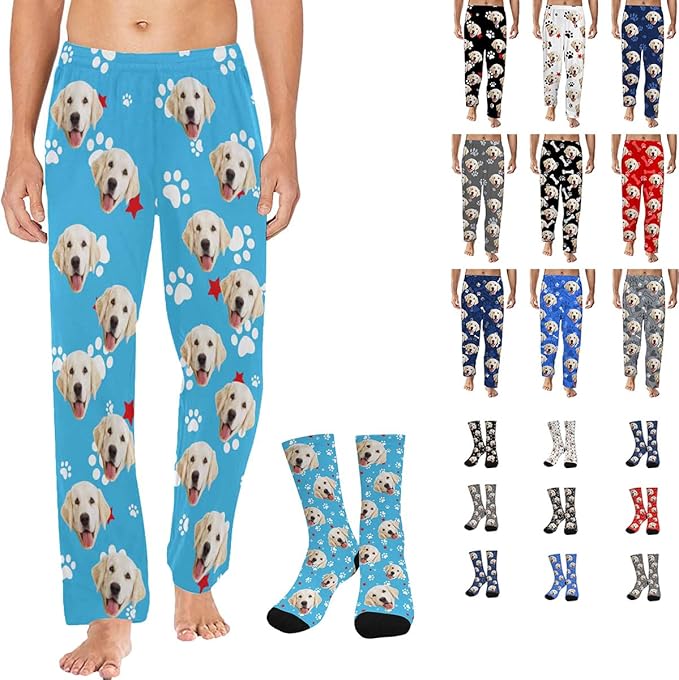 Artsadd Personalized Christmas Pajama Pants Socks for Men Custom Photo Pajama Bottoms for Men S-XXL