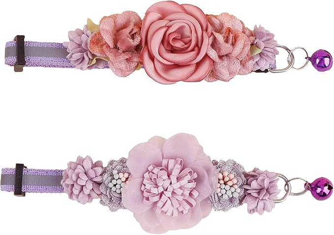 2 Pack Cat Collar Pink Floral with Bell and Removable Flower Bowtie Breakaway Adjustable Cat Collar for Girl Kitten Puppy Small Cats Dogs Daily Decoration (XQ10-3)