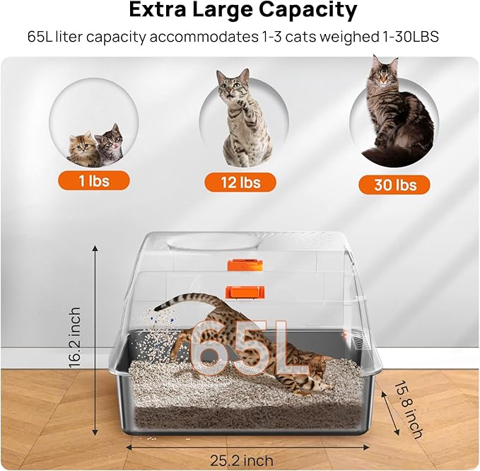 Stainless Steel Litter Box with Lid, SUS304 Metal Cat Litter Boxes, Enclosed Extra Large Kitty LitterBox High Wall, Jumbo Cat Toilet with Triple Pedal, Non-Sticky, Anti-Leakage (XL Grey)