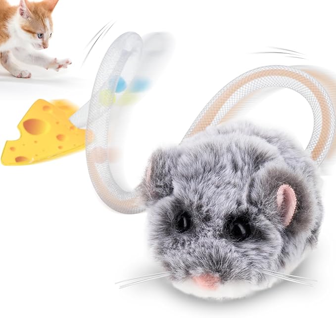 Migipaws Interactive MigiMouse Cat Toy 360° Rolling & Spin with Wiggling Tail for Indoor Cats Smart Motion Sensor, Realistic Squeak, Rechargeable Plush Kitten Toy(Grey Long)