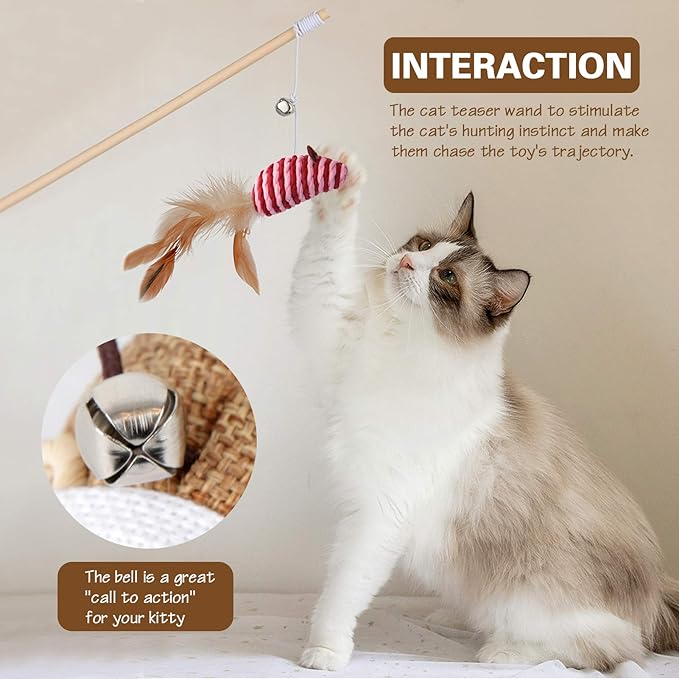 Cat Toys for Indoor Cats - 3pcs 16 Inch Natural Wood Teaser Wand With Refills for Kitten Exercise and Play - Bonus 5pcs Catnip Sticks for Teeth Cleaning