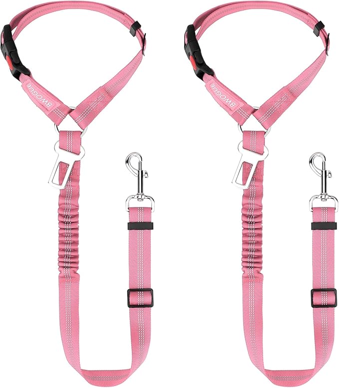 BWOGUE 2 Piece Dog Seat Belt for Car with Elastic Bungee Buffer Safety Seatbelt Car Headrest Restraint Wear Adjustable Metal Buckle Harness in Vehicle Travel for Pet