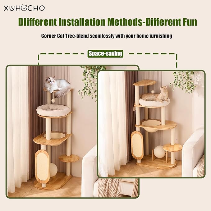 Modern Cat Tree with Scratching Post, Solid Rubber Wood Cat Tree Tower for Indoor Cats with Cotton Nest, Space Capsule, Cat Scratching Ball and Board