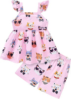 Toddler Baby Girls Summer Clothes Outfits Ruffled Sleeve Dinosaur Shirt Leopard Tops and Shorts Pants Sets 2PCS