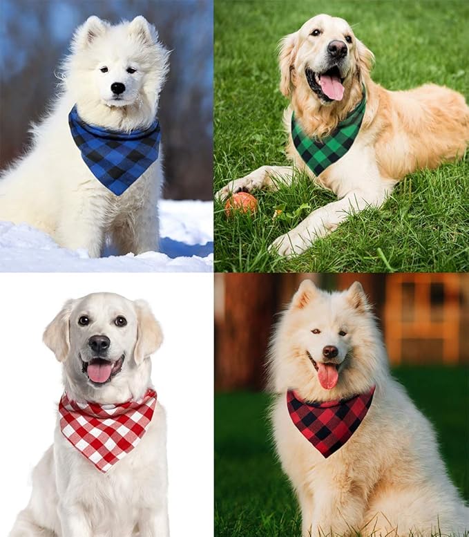 Christmas Plaid Dog Bandana with Button, Fall Dual Layer Scarf Soft Cotton Triangle Bib Girls and Boys Kerchief Adjustable Accessories for Small Medium Large Extra Large Dog Puppy Pet Cat
