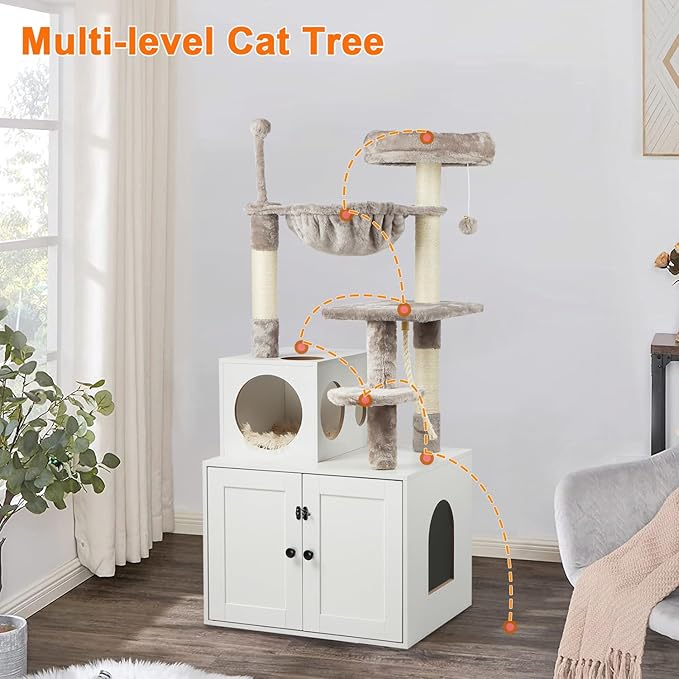 Cat Tree with Litter Box Enclosure, 2-in-1 Cat Tower for Indoor Cats, Large Wood Cat Condo with Basket, Scratching Posts, Pompoms, White