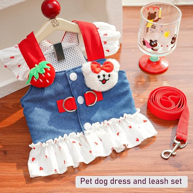 ANIAC Denim Dog Dress Harness with Leash Set Cute Small Dogs Clothes Girl Heart Patterns Puppy Dresses Breathable Mesh Cat Harness Leash Strawberry Chihuahua Yorkie Outfit (White Heart, XX-Large)