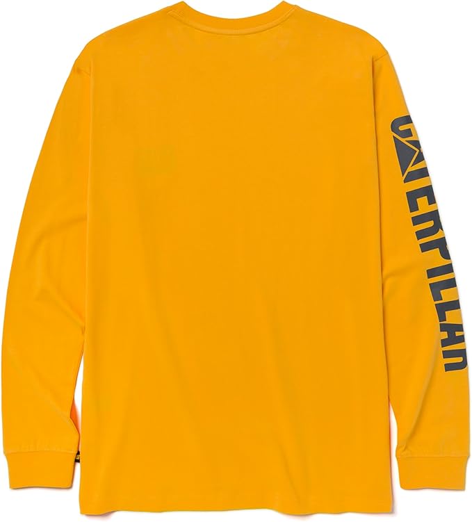 Caterpillar Trademark Banner Long Sleeve Tee Shirts for Men with Center Back Neck Wire Management Loop and Cat Workwear Logo