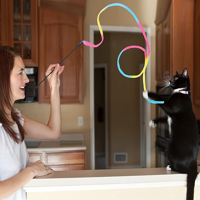 Cat Wand Rainbow Toy, 3pcs Rainbow Ribbon Cat Wand for Kittens Training Rainbow Ribbon Cat Interactive Catcher Wand Stick Toy for Kitten Cat Indoor Exerciser Playing(30cm)