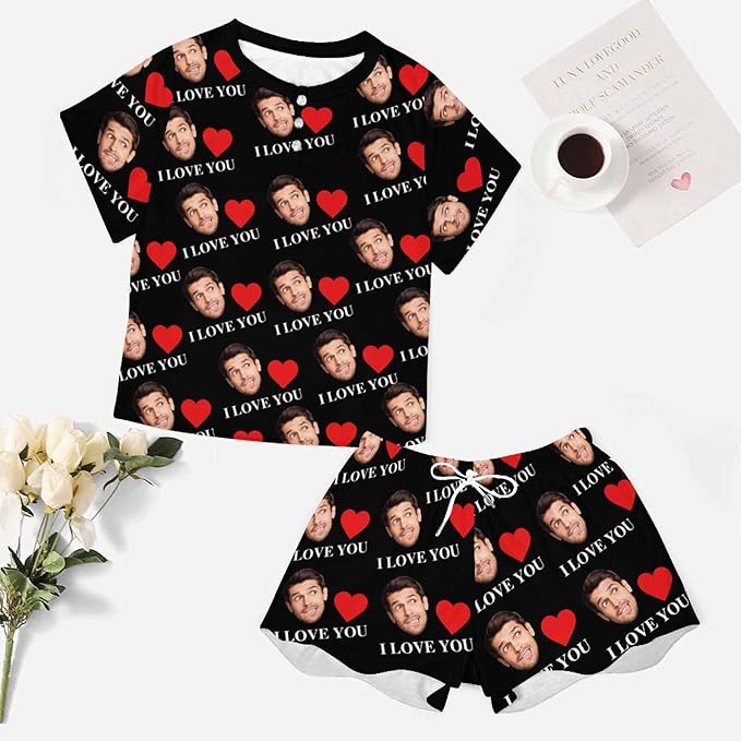 Custom Short Pajamas Set with Face Photo Women‘s Sleepwear Tee Personalized PJ Short Loungewear Set fot Her