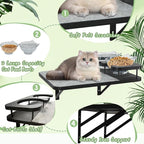 Cat Wall Shelves Furniture Set with 2 Food Bowls, Wooden Cat Climbing Wall Systems with Scratching Pad and 3 Steps, Floating Shelves Bed Perches Wall Mounted for Indoor Fit Up to 15Lbs (Black)