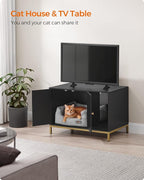 Feandrea Cat Litter Box Enclosure, Hidden Litter Box Furniture with Scratch Pad, Front Entry, Double Cabinet Doors, Modern Style, 31.5" Cat House Washroom Side End Table, Black and Gold