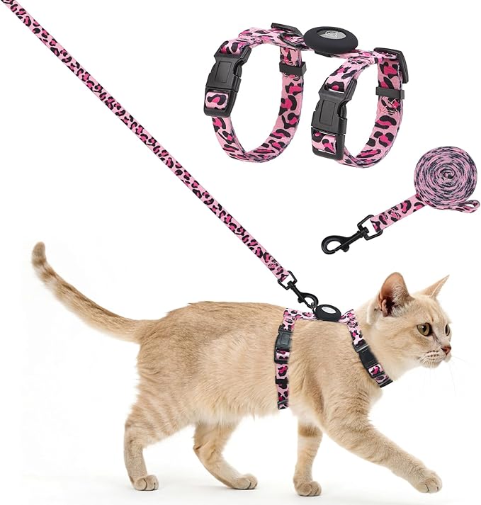 SCENEREAL Adjustable Cat Harness and Leash Set with AirTag Holder, Escape-Proof Design for Small to Large Cats, Lightweight Soft Travel Harness, Pink Leopard