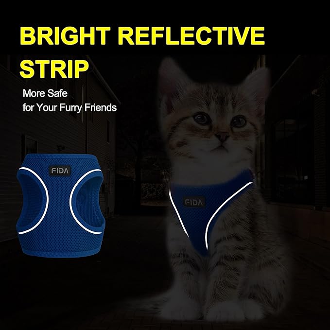 Fida Comfy Dog Harness with Leash, Soft Puppy Vest Escape Proof, Breathable Lightweight Soft Mesh, Adjustable Reflective Step-in Harness for Cat & Extra-Small Pet (XS, Blue)