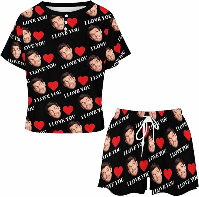 Custom Short Pajamas Set with Face Photo Women‘s Sleepwear Tee Personalized PJ Short Loungewear Set fot Her