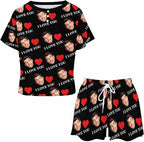 Custom Short Pajamas Set with Face Photo Women‘s Sleepwear Tee Personalized PJ Short Loungewear Set fot Her
