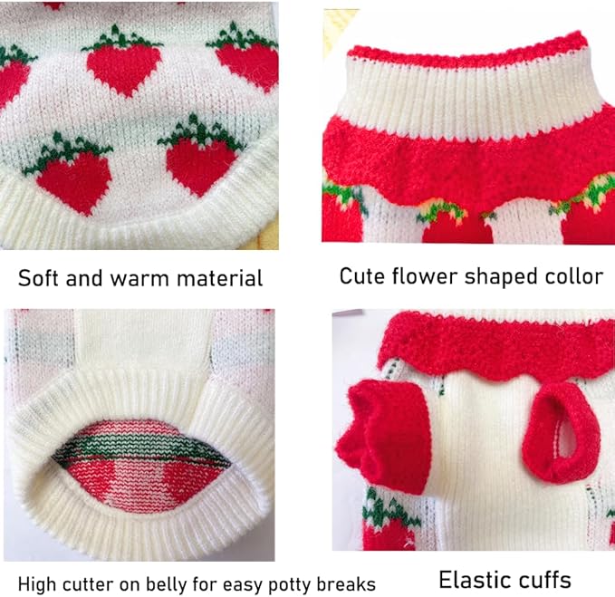 ANIAC Strawberry Turtleneck Cat Sweater Warm Knitted Small Dog Clothes for Girls Boys Autumn Winter Puppy Outfit Cold Weather Pet Knitwear for Chihuahua Yorkie Poodle (Red Strawberry, Large)