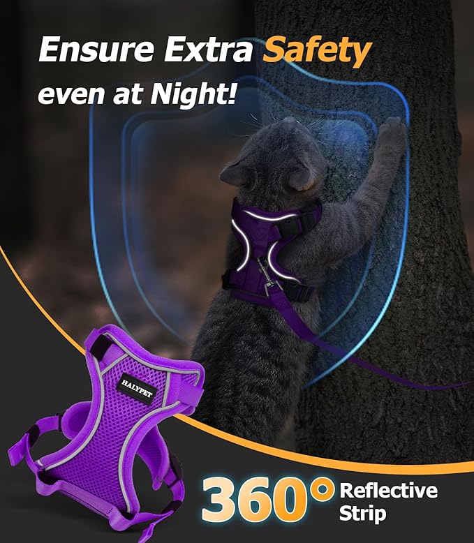 Halypet Cat Harness and Leash Set [MAX Safety 4th-Gen Upgrade] Escape Proof Adjustable Cat Leash Comfortable Soft Vest Easy to Wear Kitten Harness with Reflective Strip for Cats Walking, M Purple